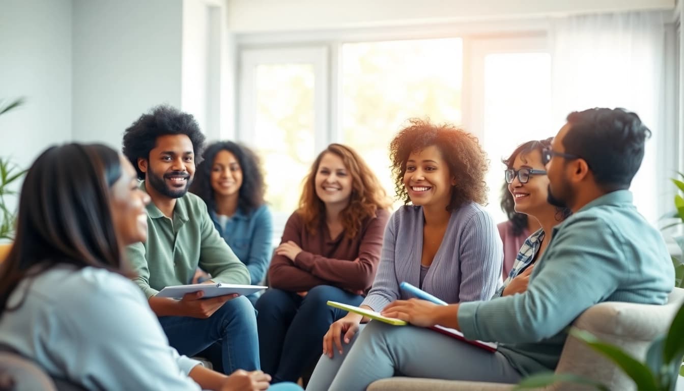 Promote mental health awareness through supportive group discussion in serene setting.
