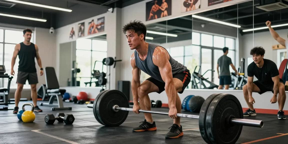 Bodybuilder, der in einem energiegeladenen Fitnessstudio im Anabolika Shop Deutschland Kreuzheben macht und dabei Engagement und Fitness zeigt.