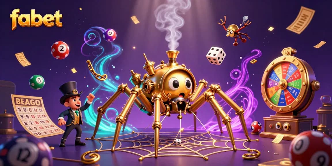 Engage with fabet as a golden spider catches dice in a vibrant 3D lottery scene, underscored by colorful elements.