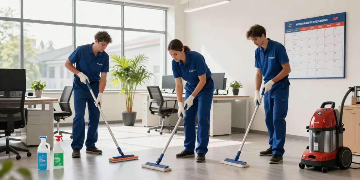 Professionelle Reinigungskräfte bieten Unterhaltsreinigung Solothurn in einem hellen Büro an und zeigen effiziente Reinigungspraktiken und moderne Ausrüstung.