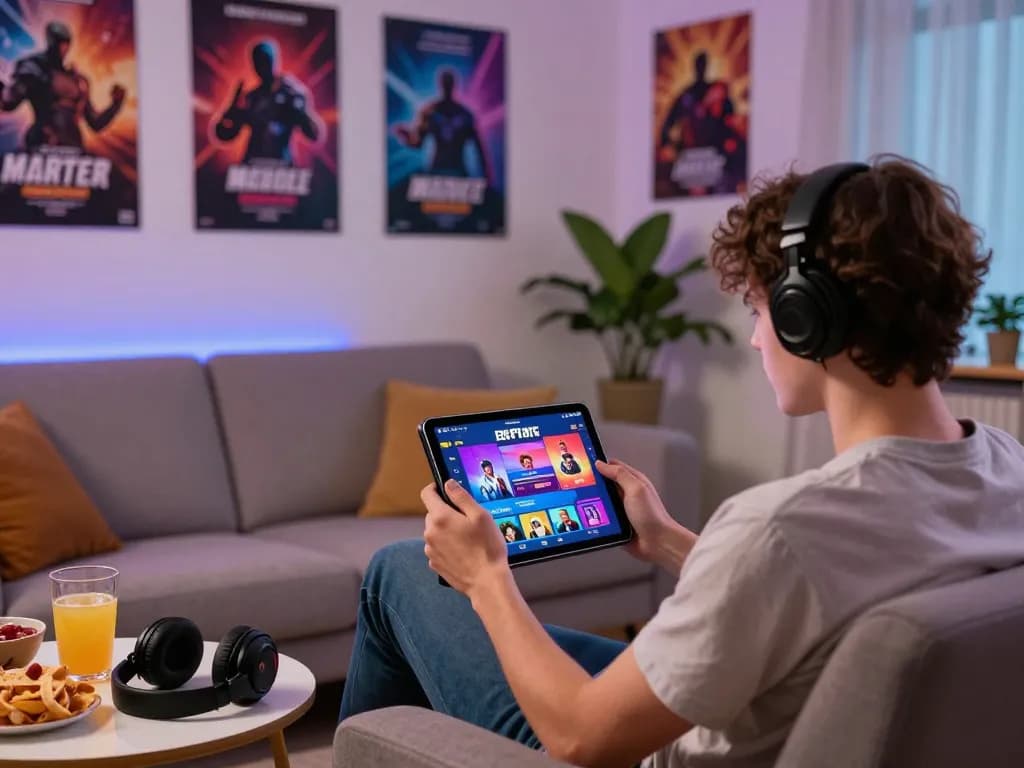 Relaxed person enjoying free mobile porn games on a tablet in a cozy gaming setup.