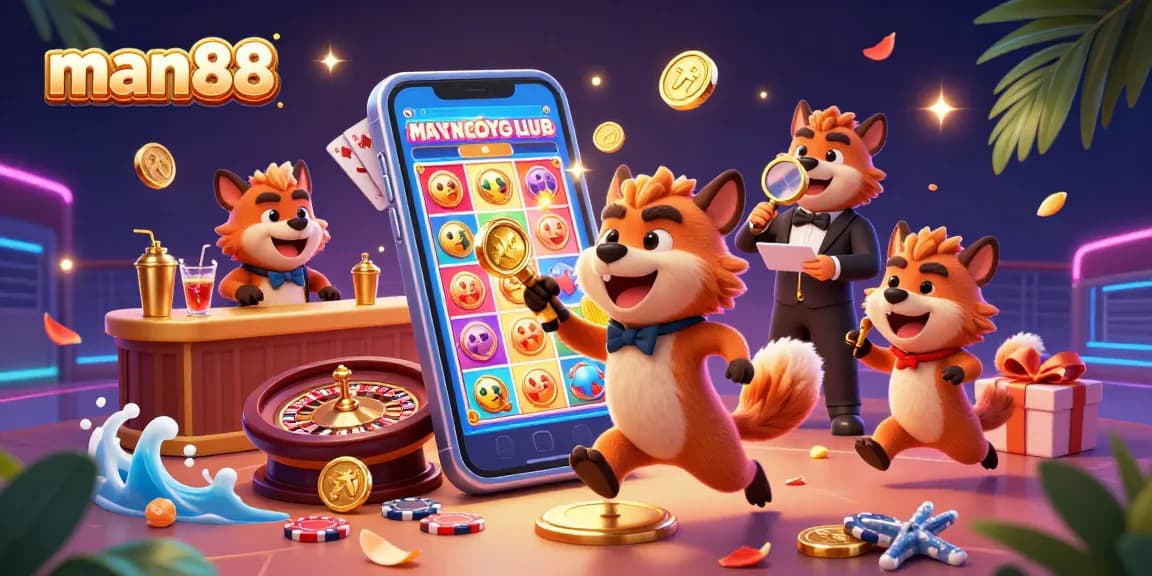 Join the fun at man88's comedy casino club featuring hyenas, slot games, and vibrant casino elements.