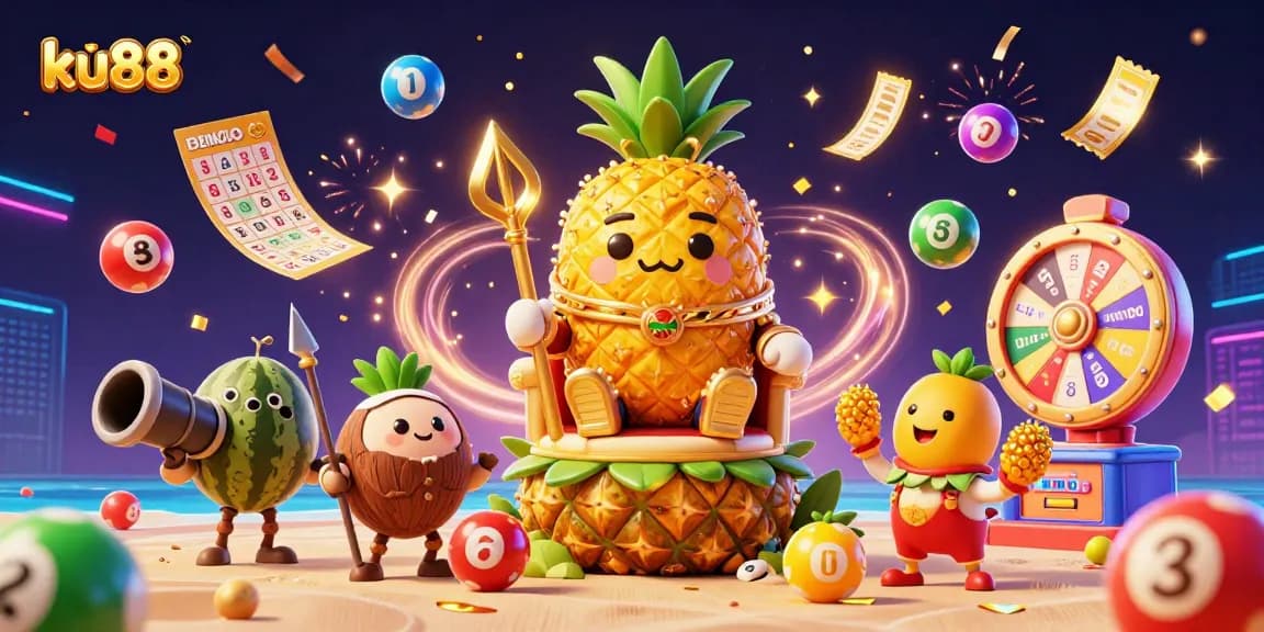 ku88 reveals a vibrant casino scene with a golden pineapple king and engaging lottery elements.
