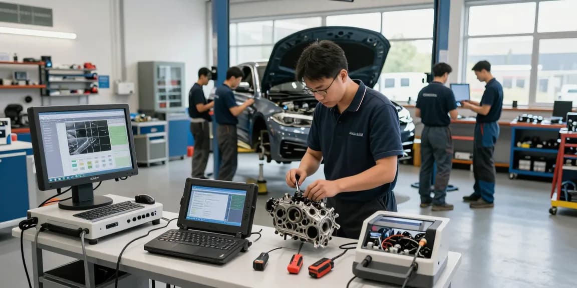 BMW Steuerkette Wechseln, präsentiert in einer professionellen Kfz-Werkstatt mit kompetenten Techniker:innen bei der Arbeit.