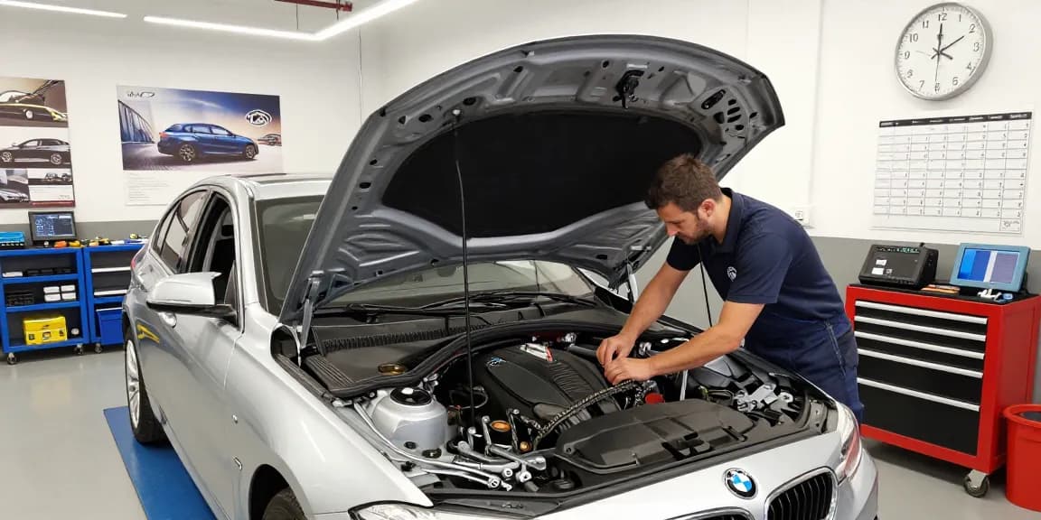 BMW Steuerkette Wechseln Hannover - Mechaniker inspiziert Motorsteuerung in einer professionellen Werkstatt.
