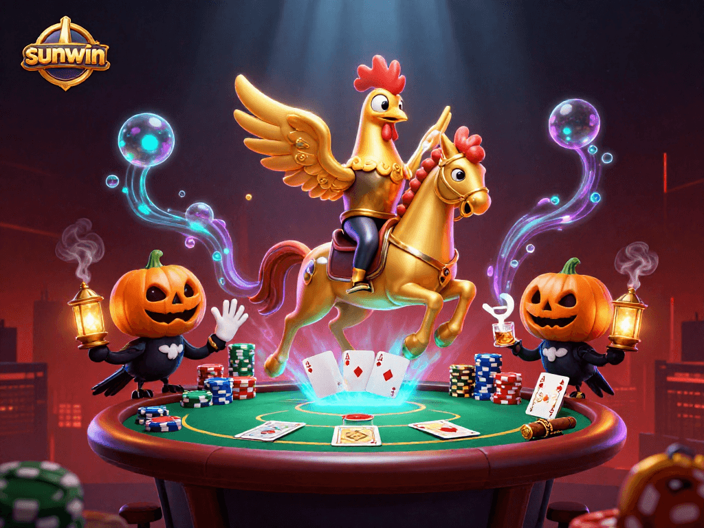 Experience the excitement of sunwin as a golden rooster in a vibrant casino scene.