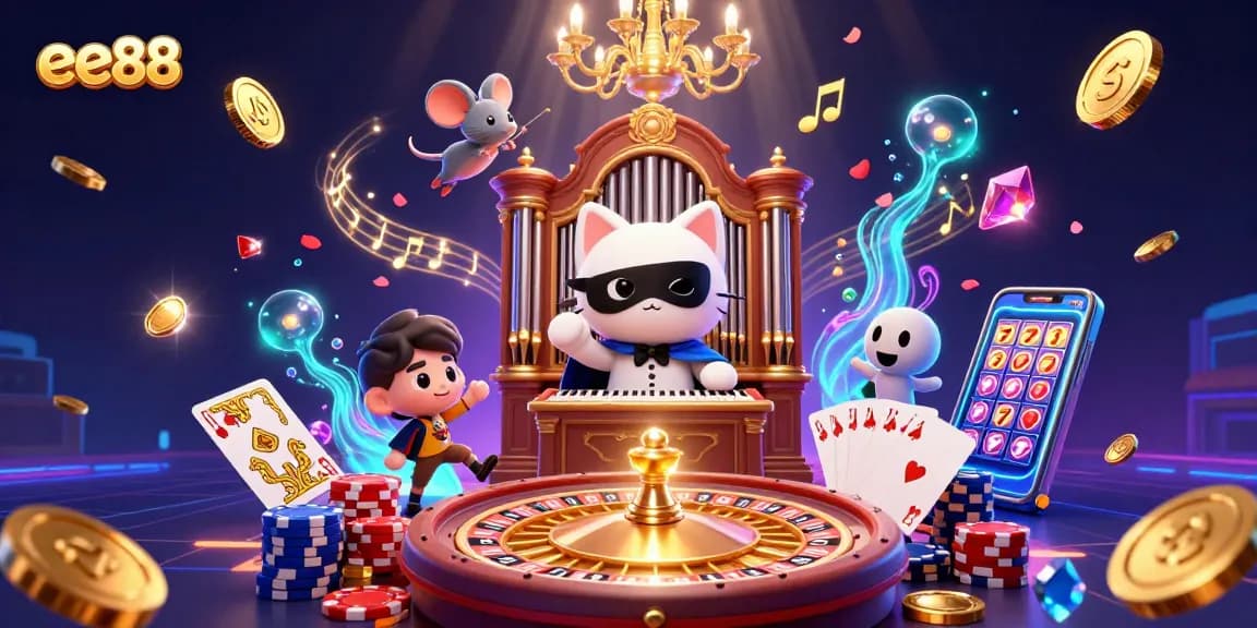 Win big at ee88 with a vibrant casino scene featuring a phantom cat and acrobat!