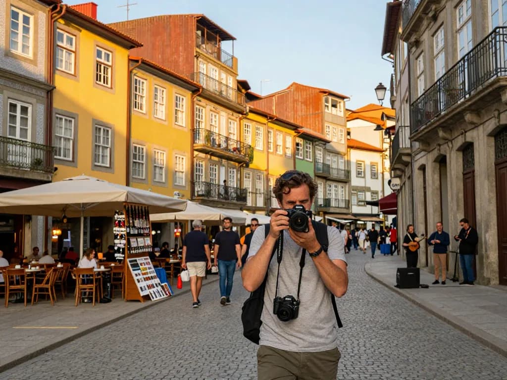 Reisetipps Porto: Lebhafte Straßenansicht mit einem Reisenden, der die pulsierende Kultur von Porto festhält.