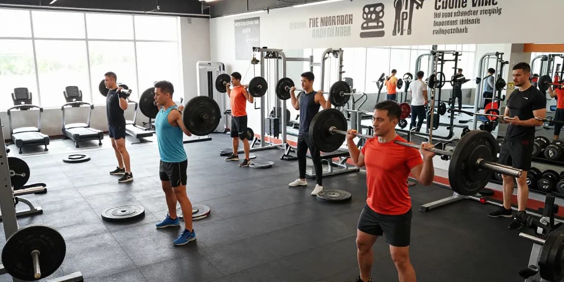 Selliza Shop - Aktive Bodybuilder im modernen Fitnessstudio beim Training mit Gewichten.