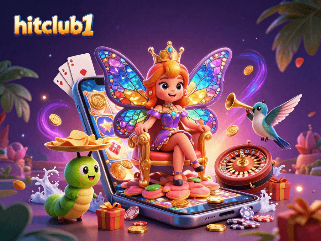 Celebrate winnings at hitclub1 with a colorful casino scene full of 3D elements and vibrant characters.