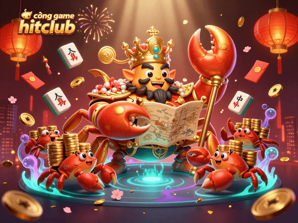 Engage in thrilling gameplay at cổng game hitclub with a vibrant 3D casino illustration featuring lively characters and rich details.