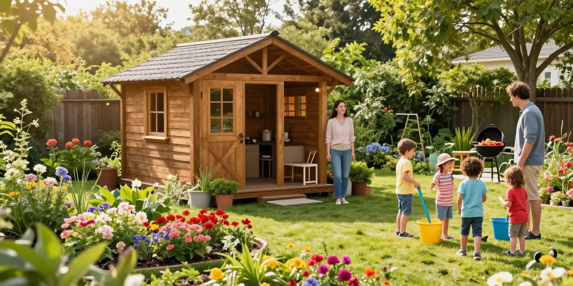 Gartenhaus als Rückzugsort im bunten Garten mit Familie und Kindern.