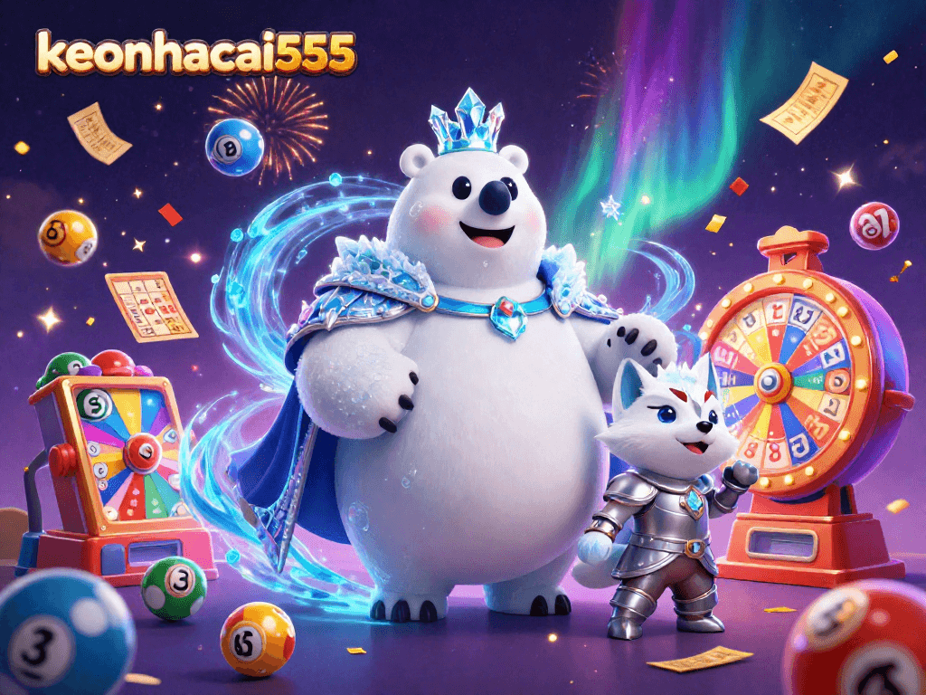 Engage with keonhacai555 as cartoon polar bear and snow fox celebrate with lottery and bingo elements.