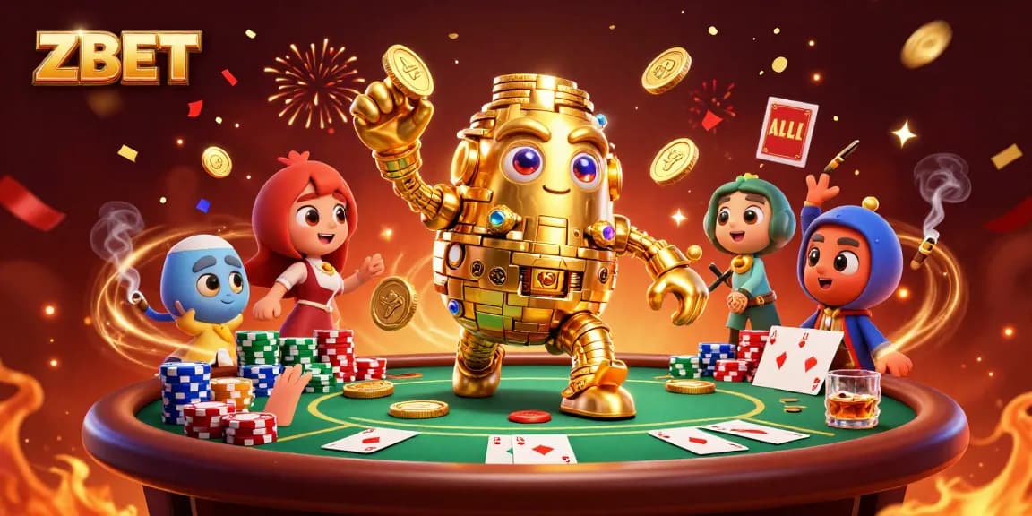 ZBET highlights a vibrant scene with a golden golem, poker elements, and festive fireworks.