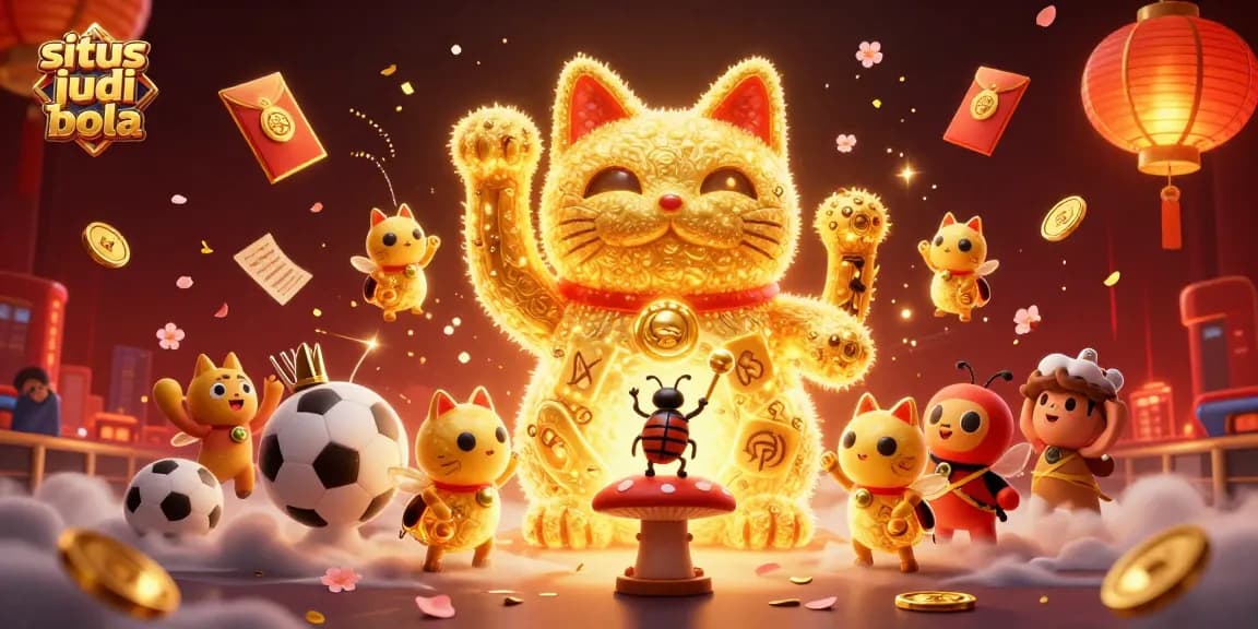 Engage in situs judi bola with a dynamic scene of a lucky cat, betting slips, and festive elements.
