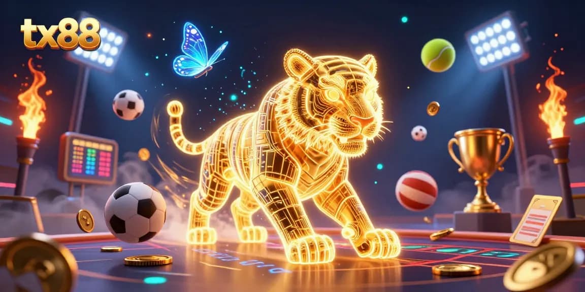 Experience the digital action at tx88 with a vibrant 3D casino scene featuring dynamic sports elements.
