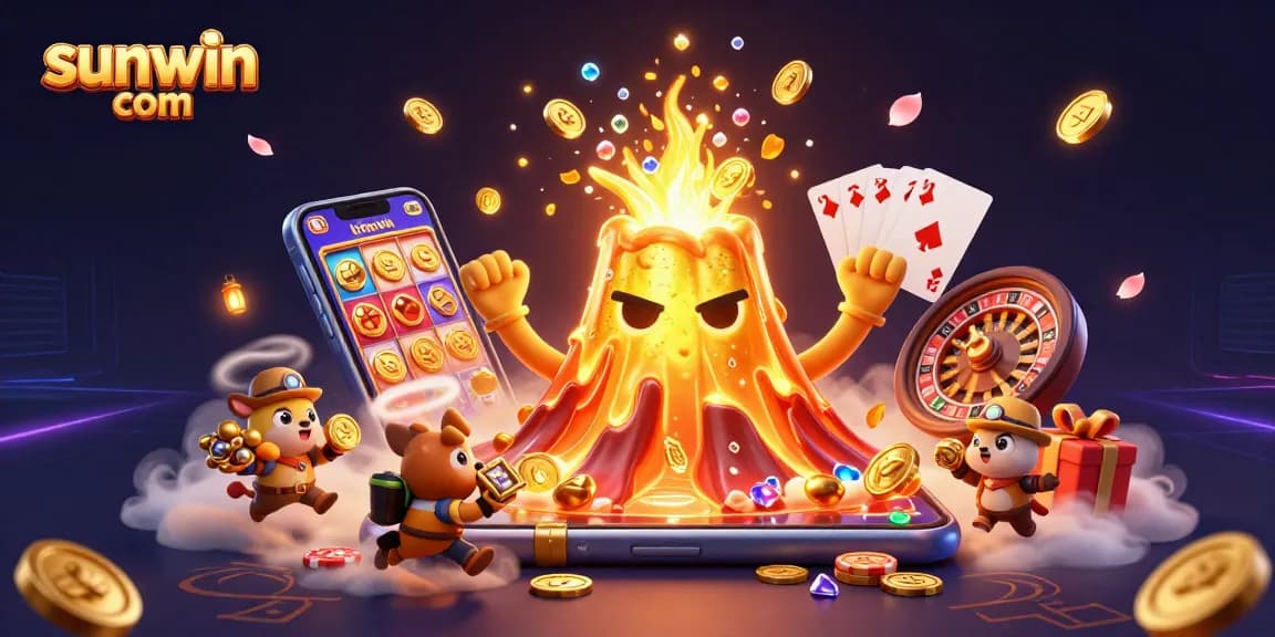 Play slot games and win treasures at sunwin com in this vibrant casino-themed illustration.