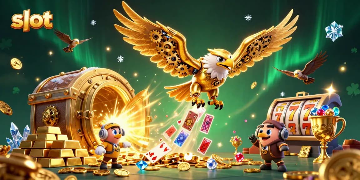 Spin slot reels with a cybernetic eagle diving through holographic cards and treasures.