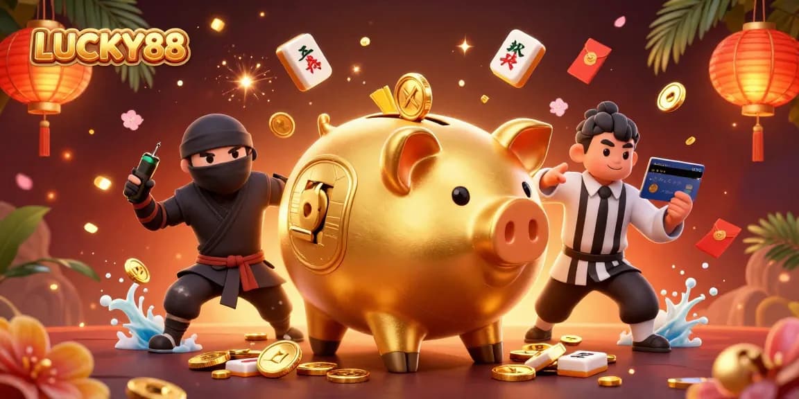 LUCKY88 brings excitement with a vibrant 3D illustration of a piggy bank sumo wrestler winning coins.