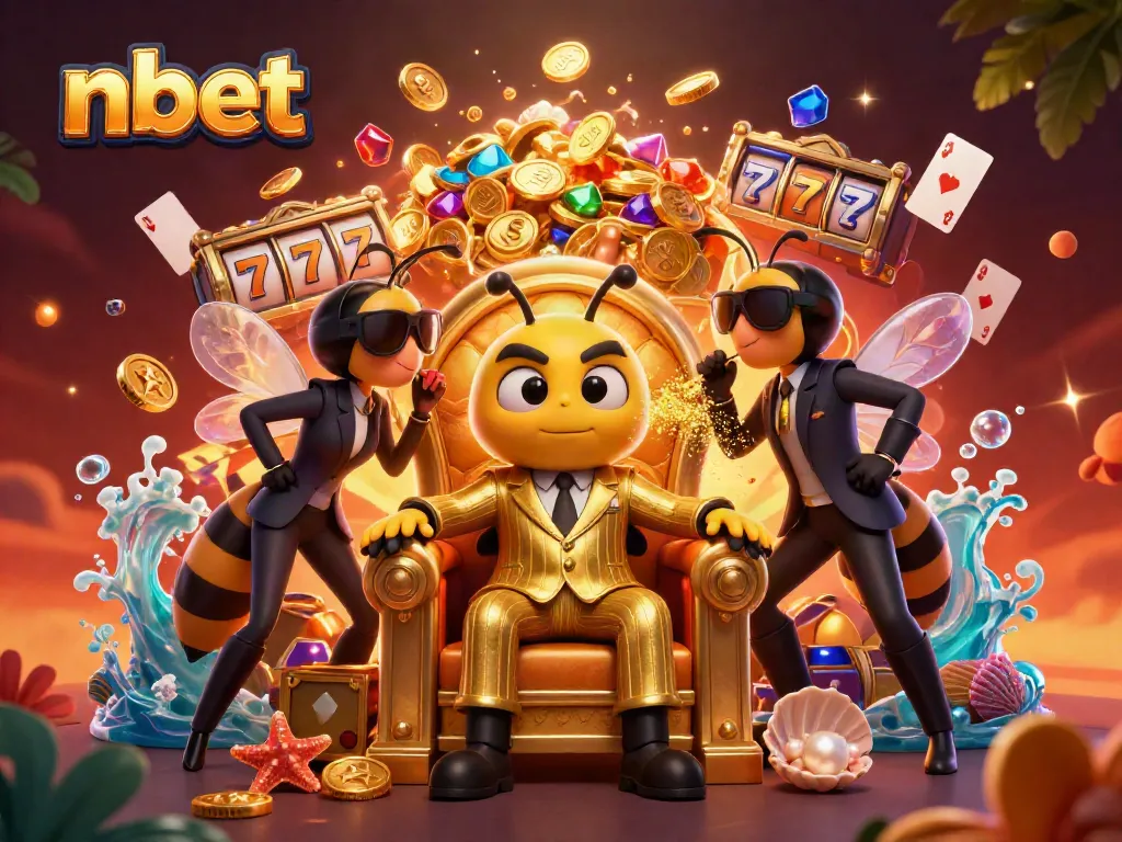 Experience thrilling gameplay at nbet with a vibrant casino scene featuring a bumblebee mob boss surrounded by slot games and golden treasures.