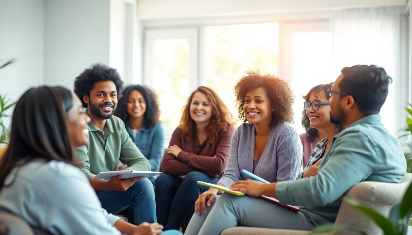Promote mental health awareness through supportive group discussion in serene setting.