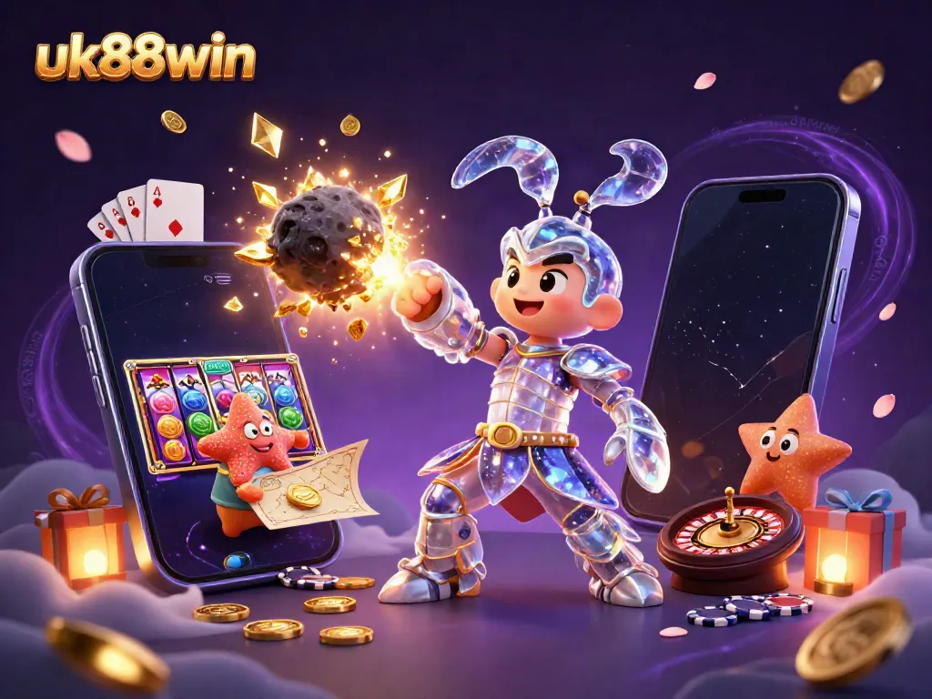 Experience the thrilling action of uk88win as a galactic mantis shrimp battles through an asteroid of gems.