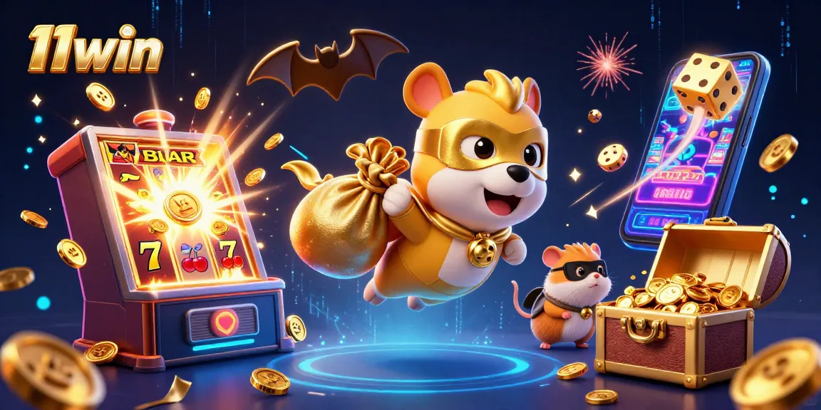 11win showcases an exciting scene with a superhero dog flying while winning big at the casino.