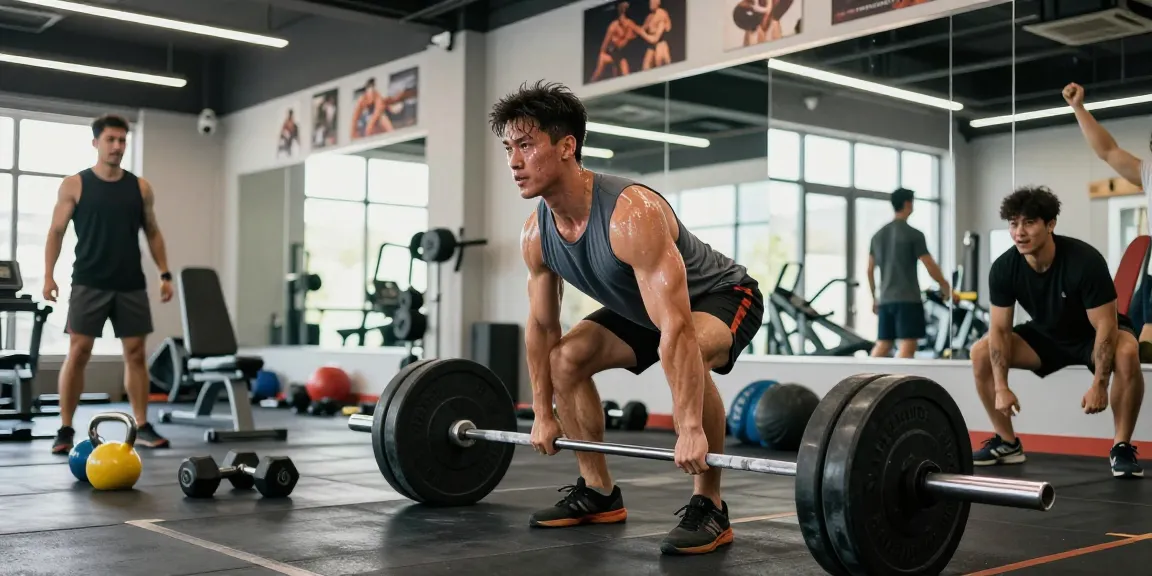Bodybuilder, der in einem energiegeladenen Fitnessstudio im Anabolika Shop Deutschland Kreuzheben macht und dabei Engagement und Fitness zeigt.