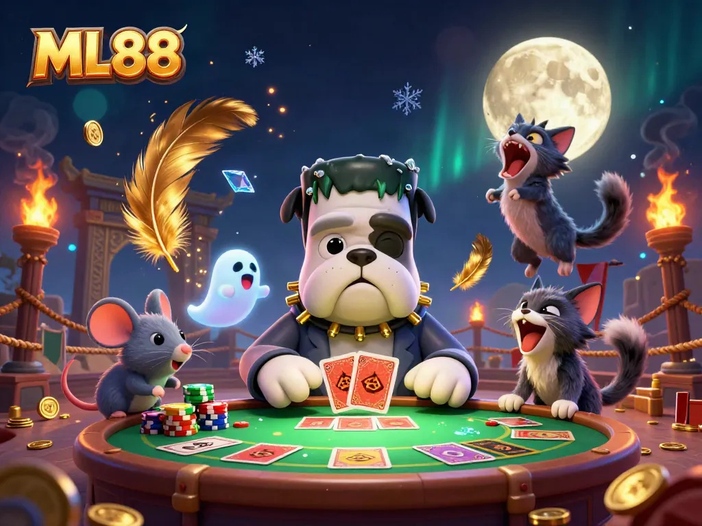 Experience the thrill at ML88 with a lively casino scene featuring unique characters and rich visuals.