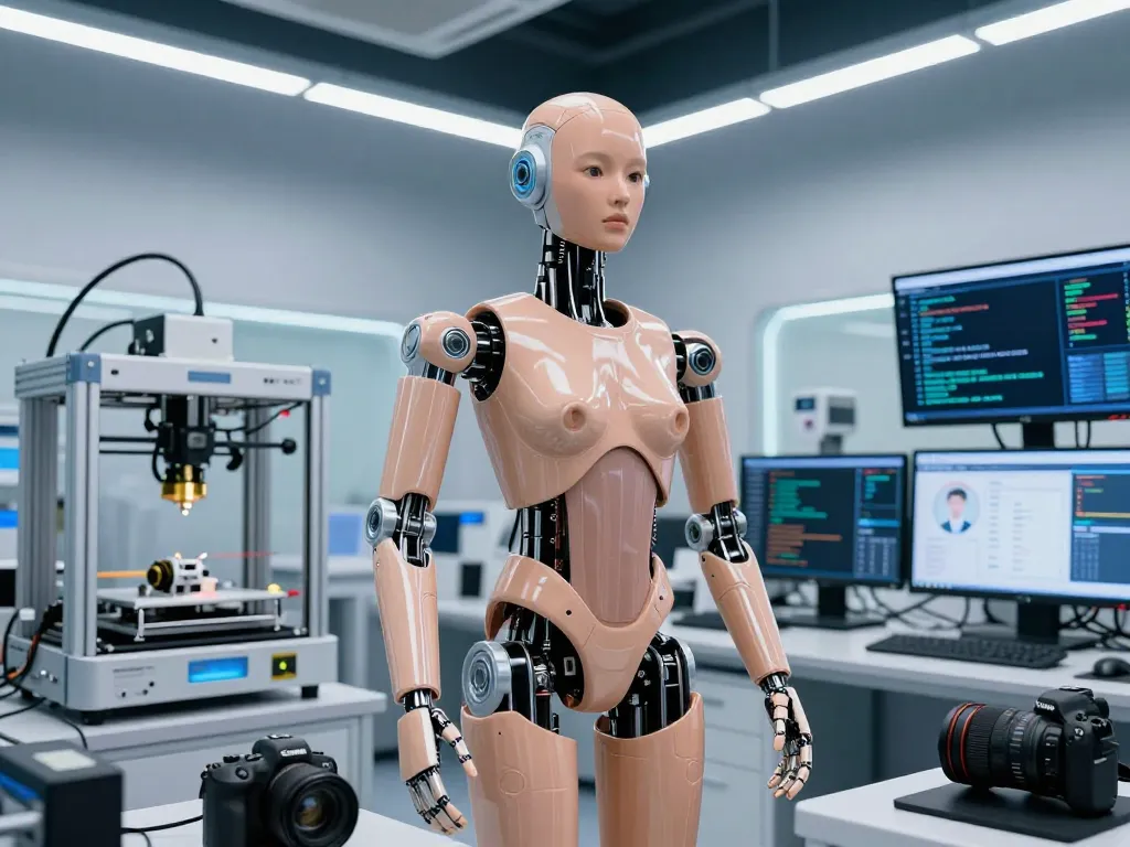 A humanoid sex bot prototype in a futuristic robotics lab, showcasing advanced features and AI technology.