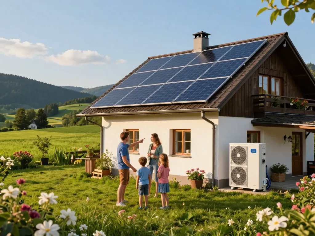 Photovoltaik Bayern - Familie diskutiert über die Vorteile von Solarpanelen in einer malerischen bayerischen Landschaft zur goldenen Stunde.