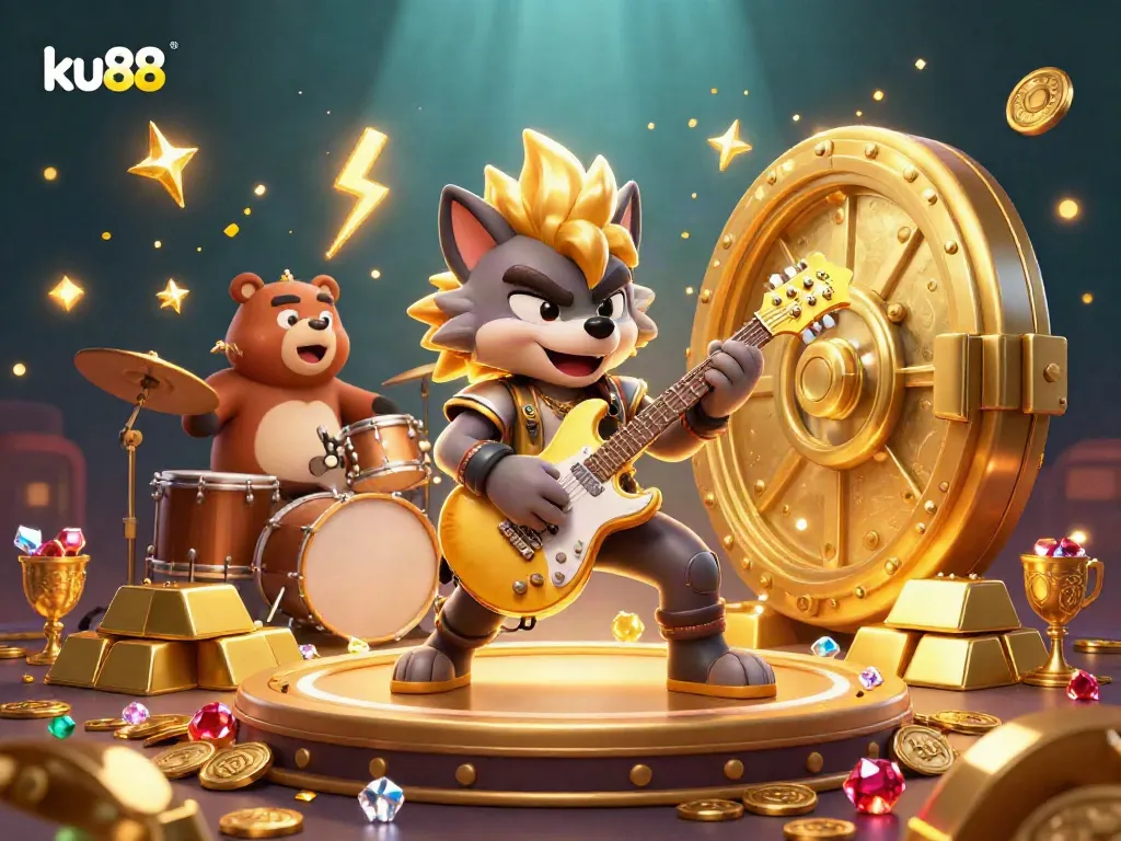 ku88 showcases a lively rock star wolf and drummer bear amidst golden treasure, creating excitement for online gaming.