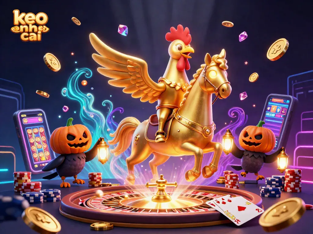 Experience thrilling keo nha cai action with a golden rooster riding through a magical casino.