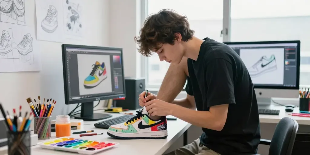 Ein junger Mensch, der einen Custom Sneaker in einem kreativen Studio anpasst, umgeben von Farben und Entwürfen.