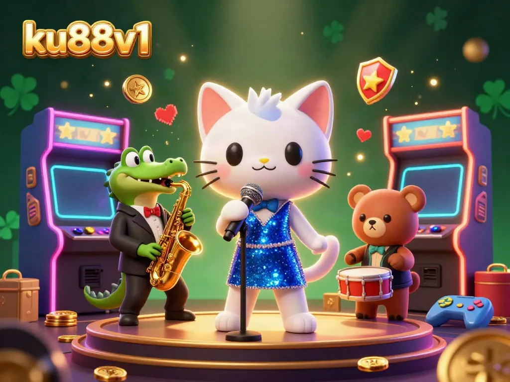 Enjoy exciting gameplay at ku88v1 with a lively 3D illustration featuring vibrant casino characters and elements.