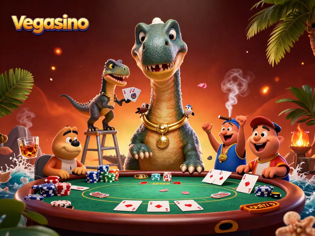 Engage with the vibrant scene of vegasino as a brontosaurus oversees a poker game with unique card-dealing raptor.