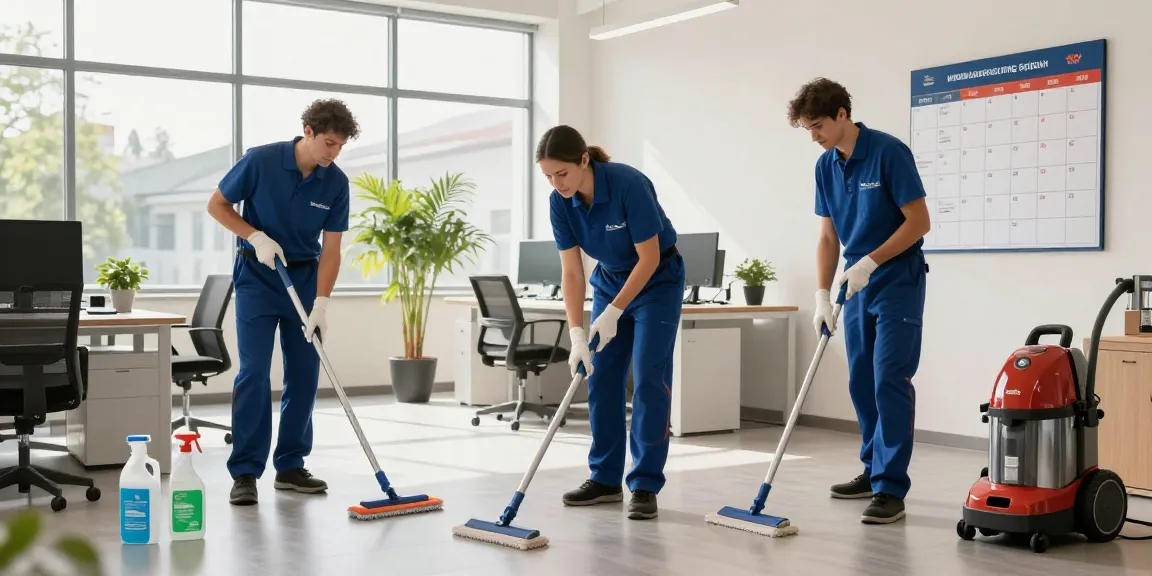 Professionelle Reinigungskräfte bieten Unterhaltsreinigung Solothurn in einem hellen Büro an und zeigen effiziente Reinigungspraktiken und moderne Ausrüstung.