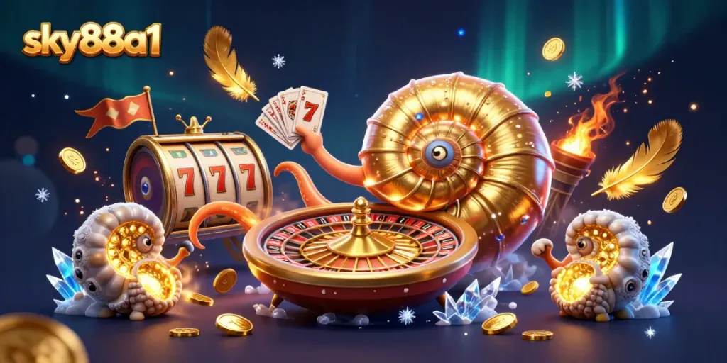 Engage in thrilling gameplay at sky88a1 with a dynamic casino scene showcasing ancient nautilus and vibrant game elements.