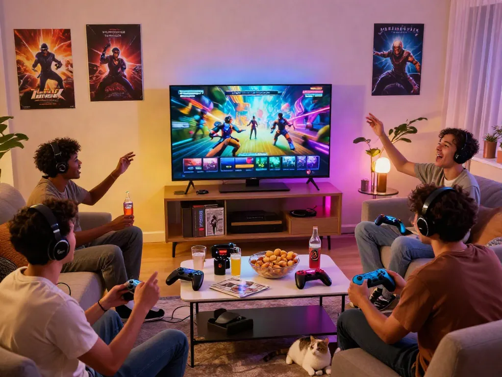 Exciting gaming session on https://nbet.group/ with friends using consoles and snacks in a vibrant room.