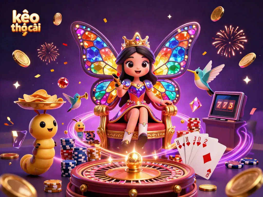 Experience kèo nhà cái with a vibrant 3D scene featuring a butterfly queen, poker chips, and a roulette wheel.