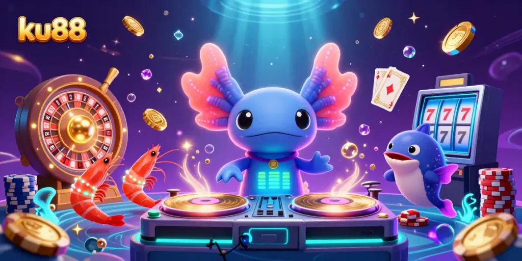 Experience vibrant rewards with ku88 in this lively 3D casino illustration featuring games and characters.