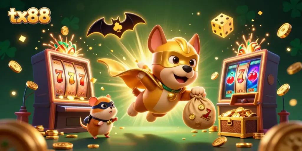 Experience the thrill of tx88 with a superhero dog and colorful casino elements in action.