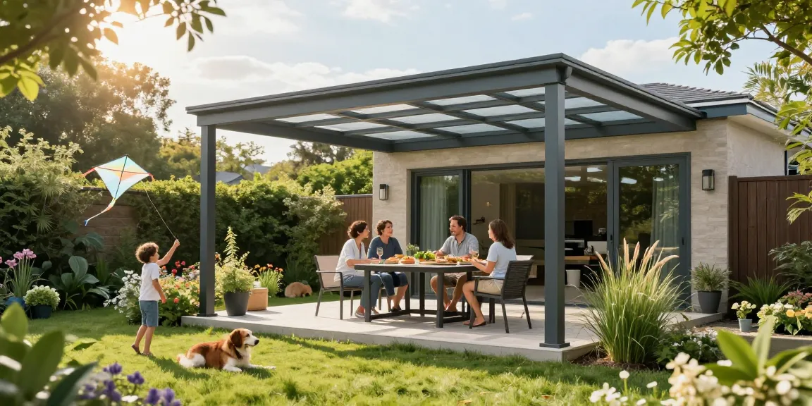 Moderne freistehende Terrassenüberdachung im Garten mit Familie beim Essen.