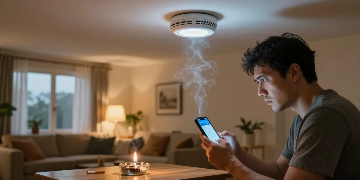 Zigarettenrauchmelder in modernem Wohnzimmer, besorgter Hausbesitzer überprüft Warnmeldung auf Smartphone.