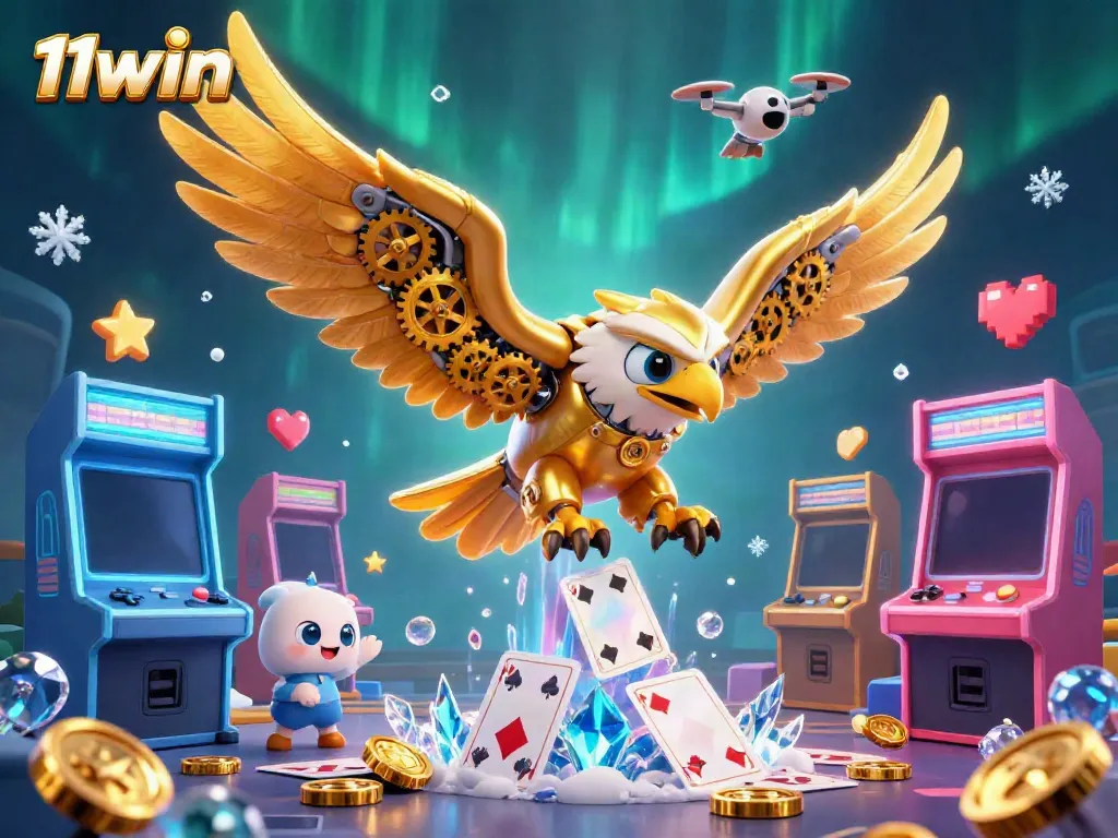 Experience thrilling gameplay with 11win in a vibrant casino scene filled with arcade games and holographic cards.