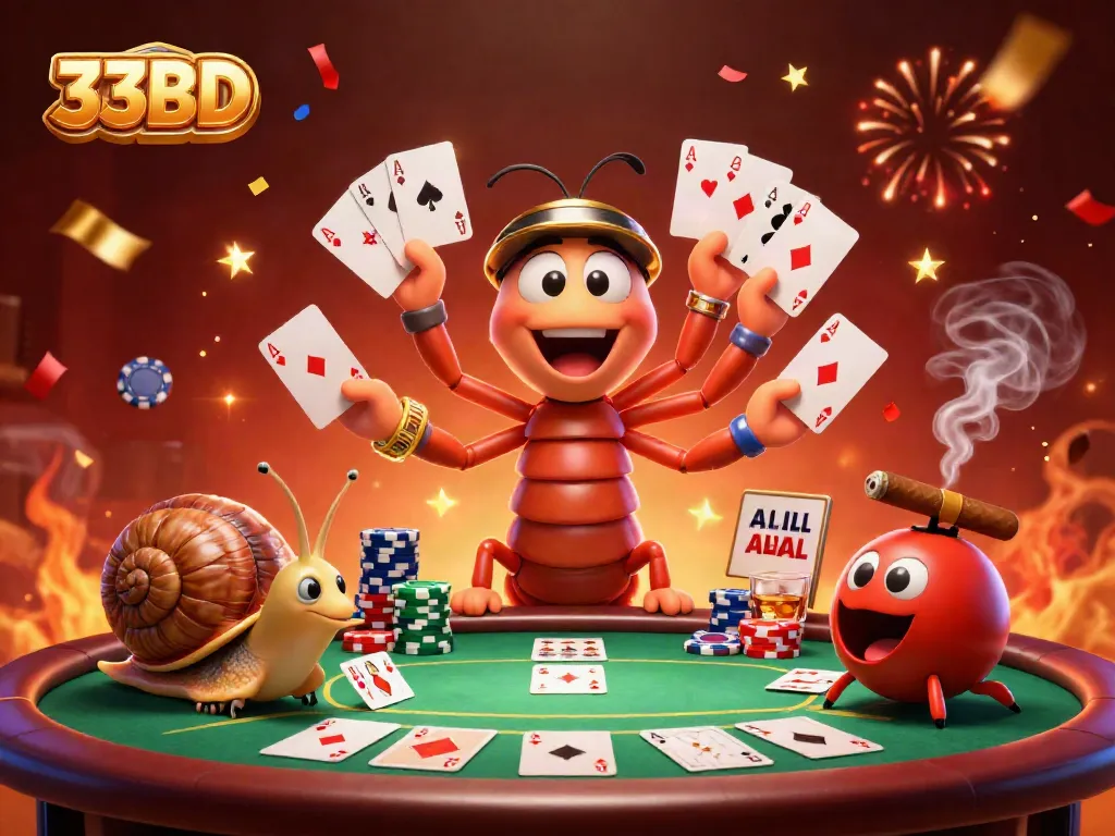 Experience the excitement of 33BD with a cartoon dealer and whimsical characters at a vibrant poker table.