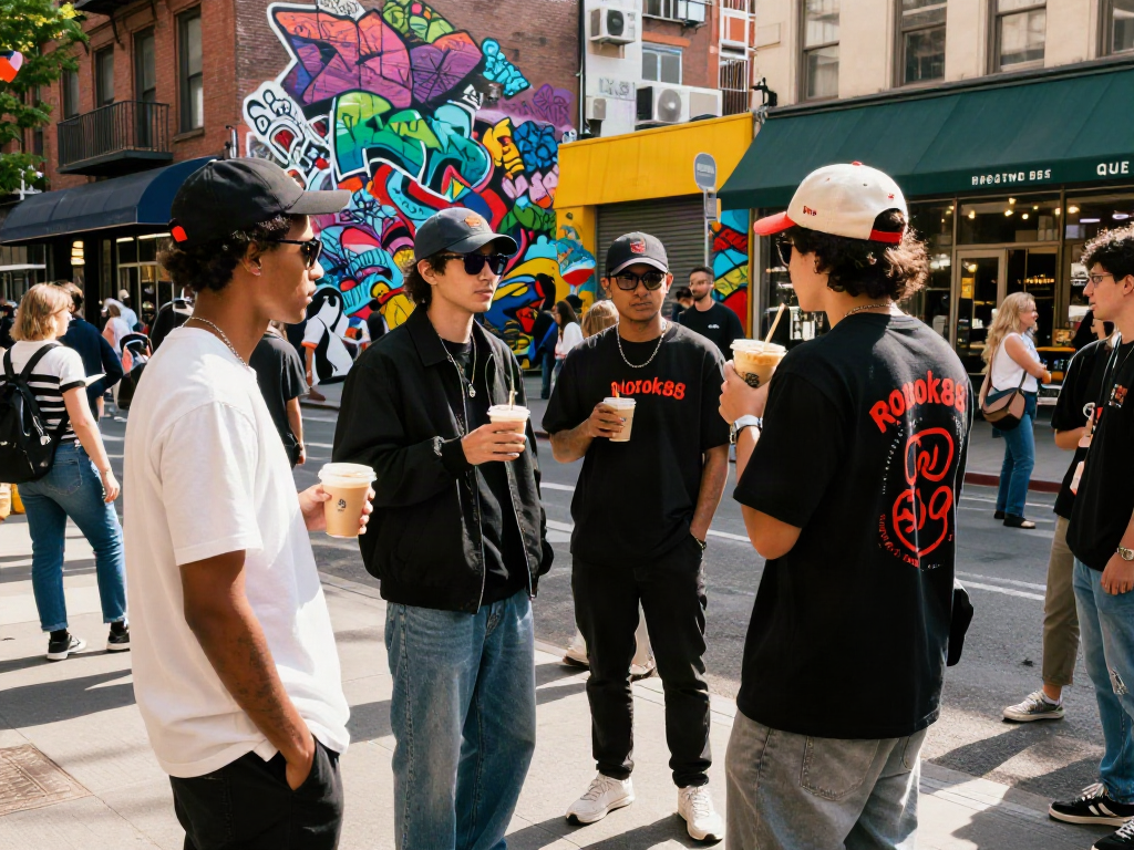 Trendy urban gathering showcasing rokok88 merchandise in a vibrant city.