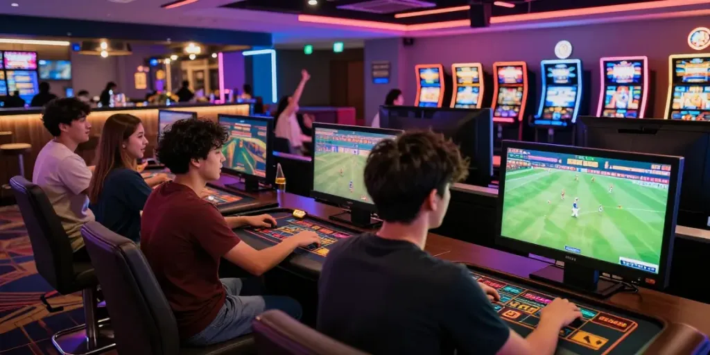 Friends experiencing the excitement of online gaming at https://sky88tg.com/ with sports betting and casino games in a vibrant lounge.