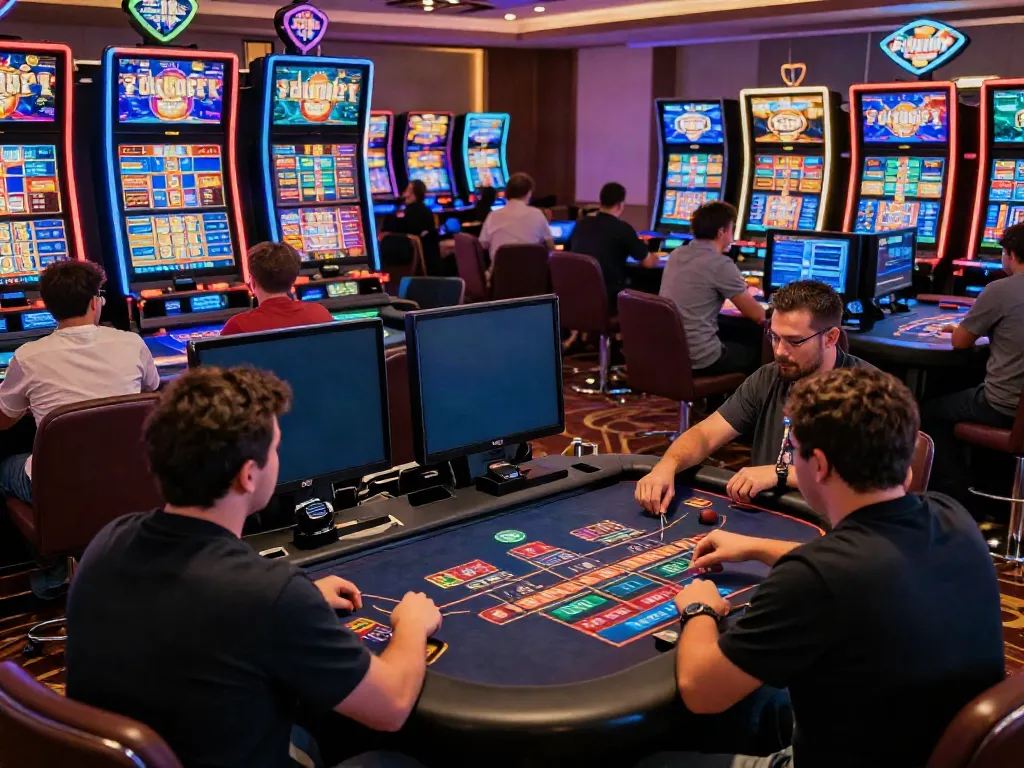 Engaging scene at https://ta88.network/ showcasing diverse players enjoying various online casino games.