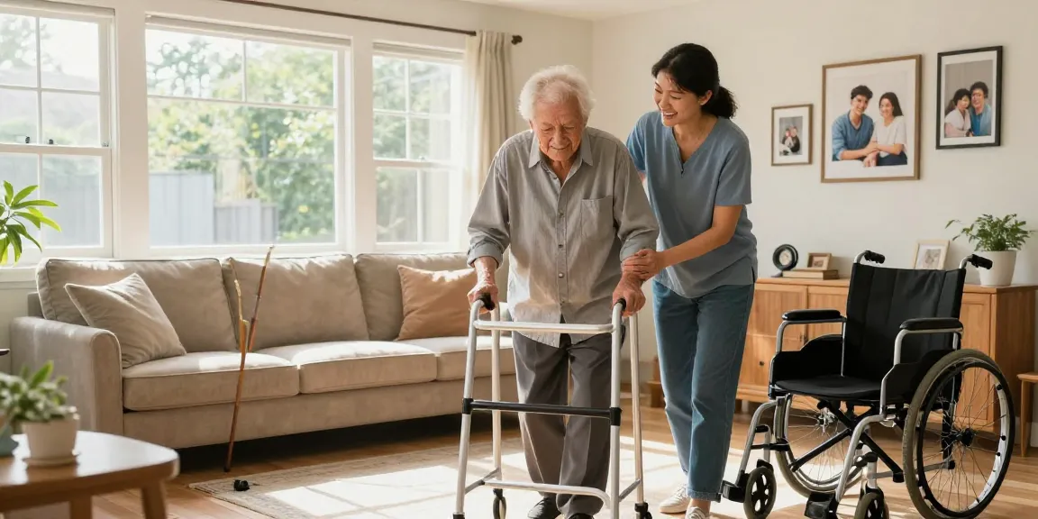 Buy nobility aids showcased with an elderly person using a walker, emphasizing independence and support.